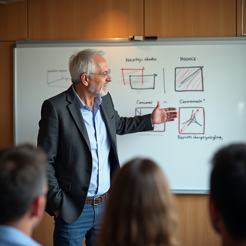 Educator pointing to marketing manipulation patterns on a whiteboard