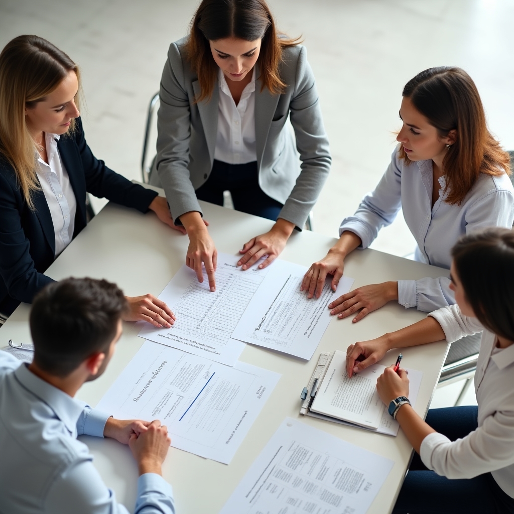 Workshop participants comparing product offers on printed sheets